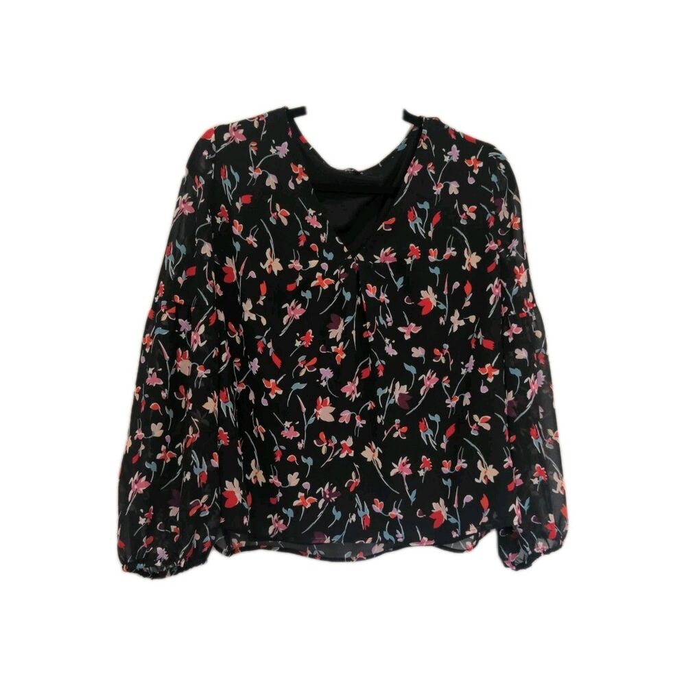 Madewell Womens Floral LS Blouse Size L Black Balloon Sheer Sleeve V-Neck Casual
